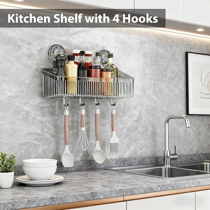 3 Pack Suction Cup Shower Caddy, Black Shower Shelves No Drilling with Movable Hooks & Toothbrush Holder, Wall Storage Shelves for Bathroom, Kitchen