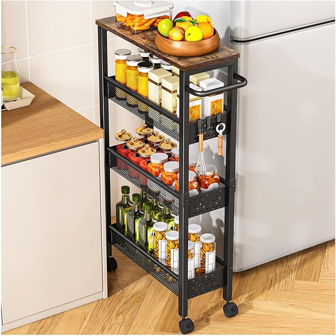 Vivihomety Utility Slim Storage Cart with Wheels, 4 Tier Small Rolling Cart with Wood Top, Metal Kitchen Bathroom Laundry Room Organization Trolley with Handle for Narrow Space – Black