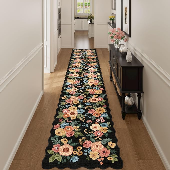 DUKINO 2.6x14 Runner Rug for Hallway, Non Slip Floral Washable Kitchen Rug with Low Pile Design, Boho Stain Resistant Floor Carpet Runner for Entryway, Bathroom, Laundry, Bedroom, Black