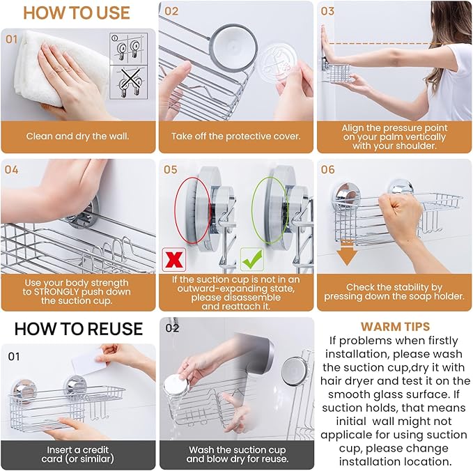 LEVERLOC Shower Caddy Suction Cup, Organizer with Hooks & Soap Holder for Inside Shower, Removable Bathroom Shelf-Silver