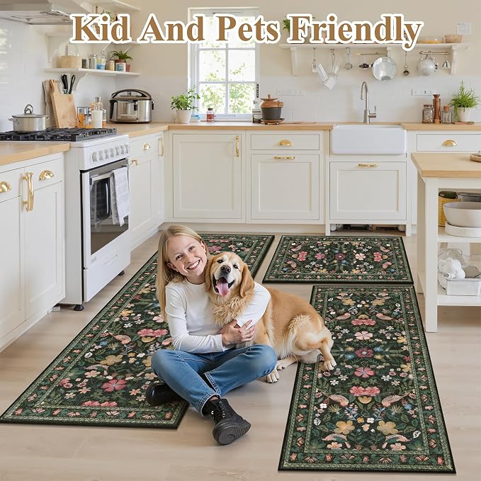 HEBE Boho Kitchen Rugs Sets of 3, Non Slip Washable Kitchen Mats for Floor, Farmhouse Kitchen Carpet Runner Rug Set for Sink, Stove, Laundry Room & Hallway
