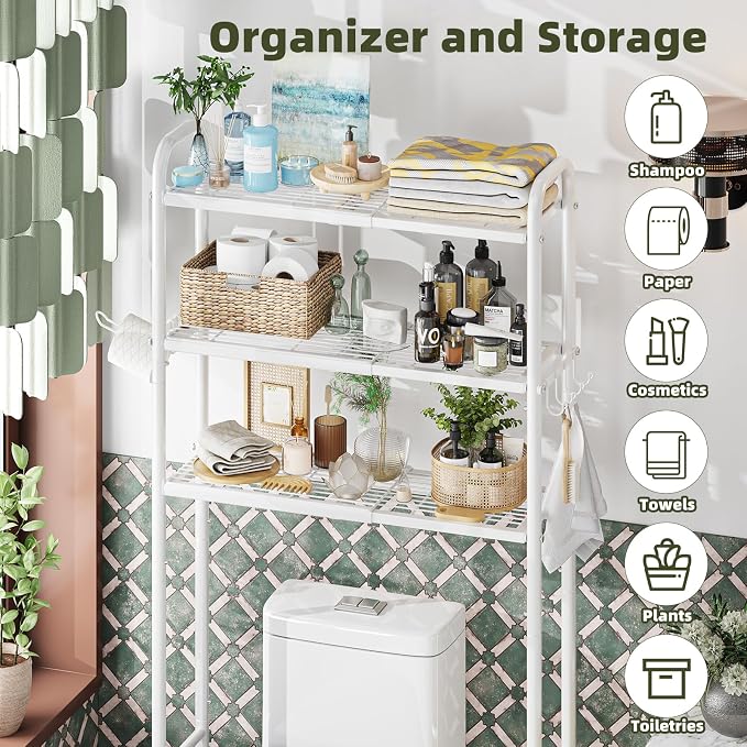 Simple Trending Expandable Over The Toilet Storage Rack, Metal 3 Tier Bathroom Organizer Shelf with Paper Holder and 3 Hooks, White