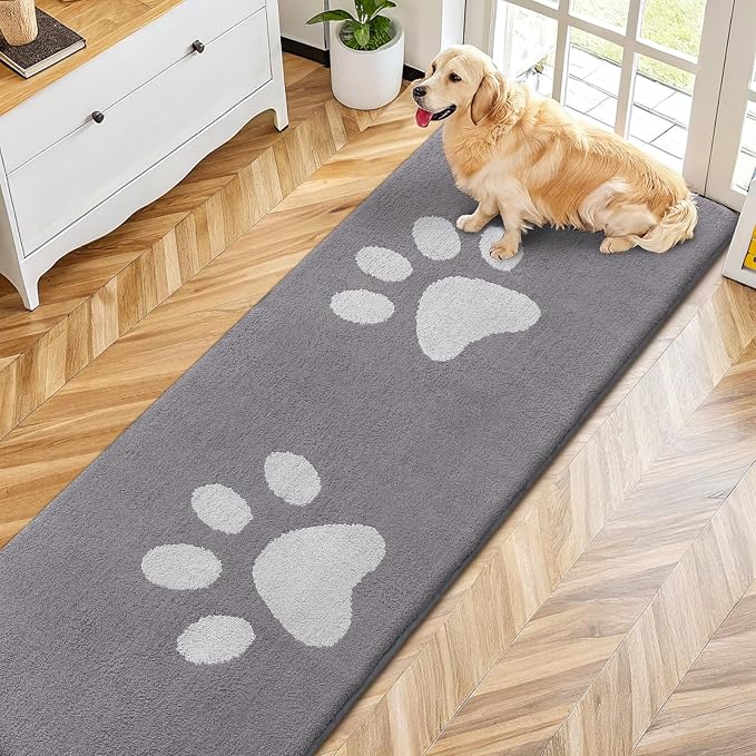 Smiry Dog Door Mat for Muddy Paws, Absorbs Moisture and Dirt, Low-Profile Entryway Mat with Non-Slip Backing, Entry Indoor Outdoor Doormat for Inside Floor (70x24 Inches, Light Grey, Paw)