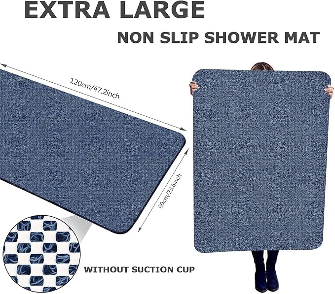 godehone Shower Mats Non Slip Without Suction Cups, PVC Loofah Bathroom Mats, Loofah Mats for Shower and Bathroom, Quick Drying, 23.6× 47.2 Inch, Blue