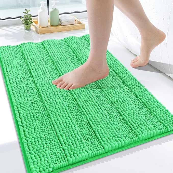 Grandaily Chenille Striped Bathroom Rugs 24x16, Extra Thick and Soft Absorbent Bath Mats, Rubber Backing, Plush Shaggy Shower Carpet, Machine Wash Dry, Bath Rug for Bathroom, Mint Green