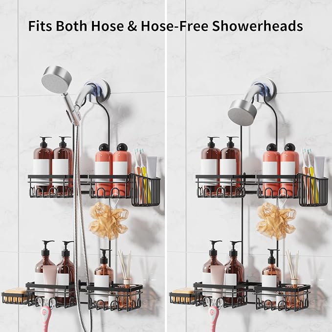 Shower Caddy Hanging with Door Hook - Split Design for Handheld Showerheads, Rustproof Over The Showerheads Bathroom Organizer with Hooks Soap and Toothbrush Holder, Bathroom Accessories Black