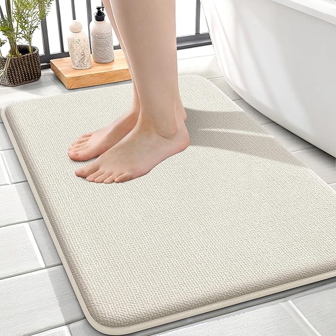 OLANLY Thick Memory Foam Small Bathroom Rugs 24x16, Extra Soft Absorbent Bathroom Mat, Quick Dry Bath Mat, Non-Slip, Machine Washable Carpet for Bathroom, Tub and Shower, Home Decor Accessories, Ivory