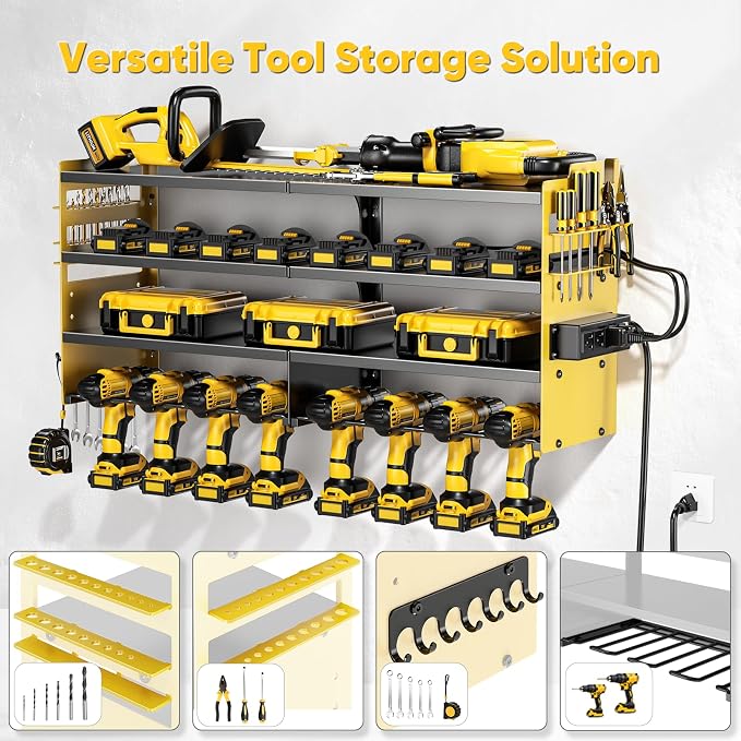 POKIPO Large Power Tool Organizer Wall Mount with Charging Station,4 Layer Heavy Duty Metal Storage Rack Loads 600lbs with 8 Cordless Drill Holder,Battery Utility Rack Gift for Garage workshops Room