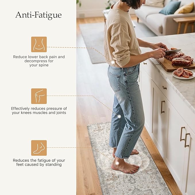 GENIMO Kitchen Mats for Floor, Washable Anti Fatigue Mat for Cushioned, Waterproof Kitchen Rugs, 17.3"x59", Non Slip Comfort Standing Mat Rug for Home, Runner, Sink, Office, Laundry, LightTaupeBrown