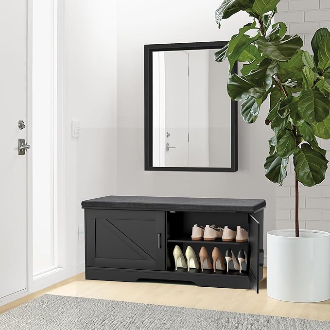 HOMSHO 2-Tier Storage Bench, 39.4" Wide Shoe Bench with Padded Seat Cushion, Entryway Bench with 2 Barn Doors and Adjustable Shelf, Black