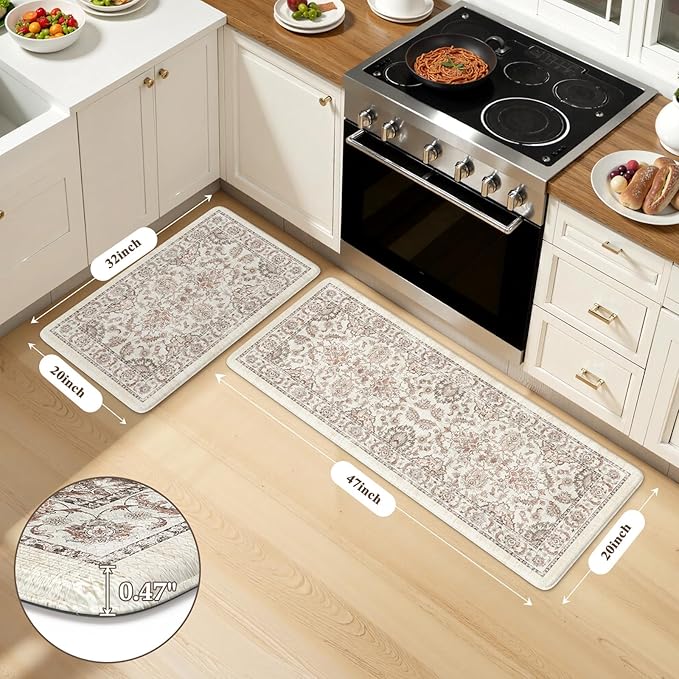 KIMODE Kitchen Mats for Floor Cushioned Anti Fatigue 2 Piece,Boho Farmhouse Kitchen Rugs Non Slip 20" x 47"+20" x 32",Wide Memory Foam Kitchen Mat Carpet for Laundry Office Home,Khaki