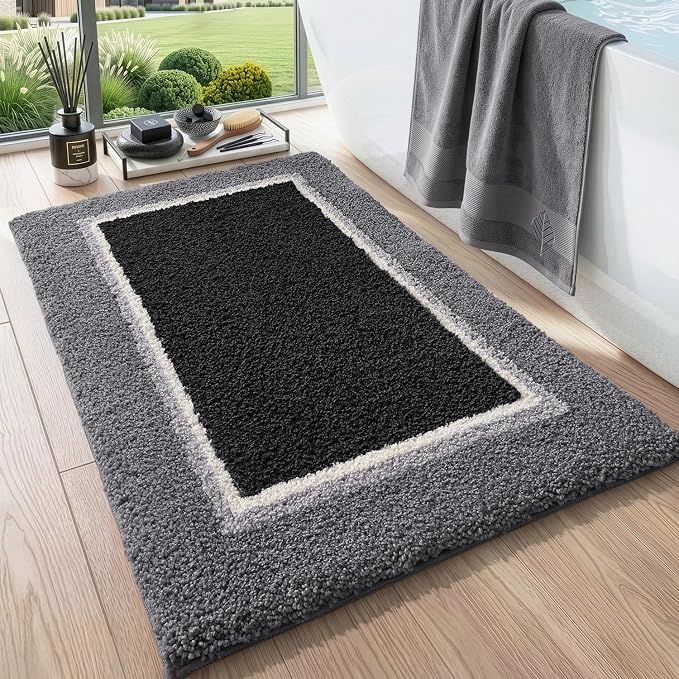 DEXI Bathroom Rugs 32x20, Absorbent Extra Soft Plush Microfiber Bath Mat for Bathroom, Non Slip Washable Bathmat Quick Dry for Shower Floor, Sink, Tub, Laundry Room, Black and Grey