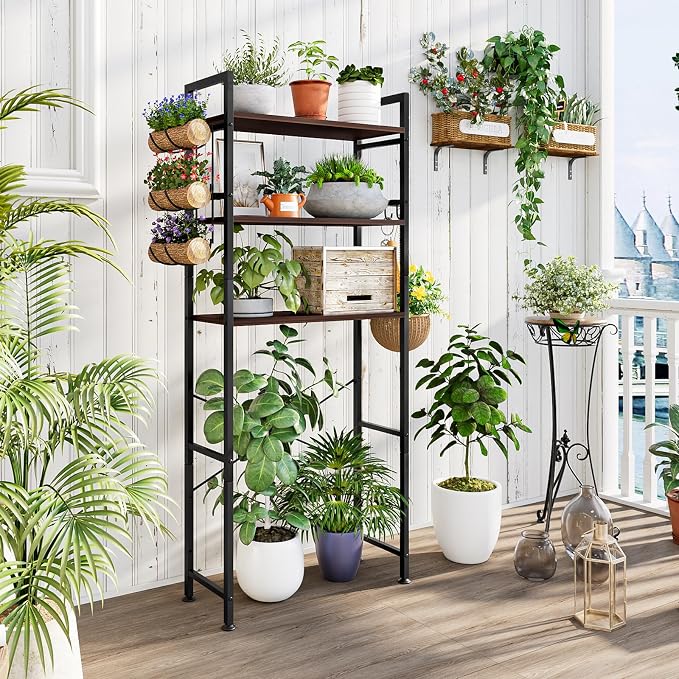 Over The Toilet Storage Rack 3 Tier Bathroom Organizer Shelf Over Toilet Freestanding Space Saver Toilet Stands with 10 Hooks Multifunctional (BlackOak)