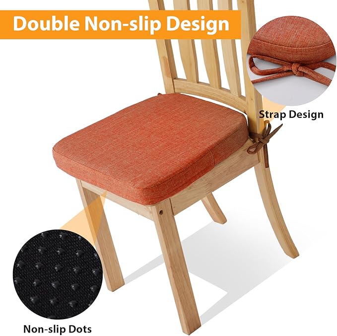 Ruqmuis Chair Cushions for Dining Chairs, 2" Thick Seat Cushions for Kitchen Chairs, D-Shaped Chair Pads with Washable Cover, Ties and Non Slip Backing, 17'' x 16'', Set of 6, Orange