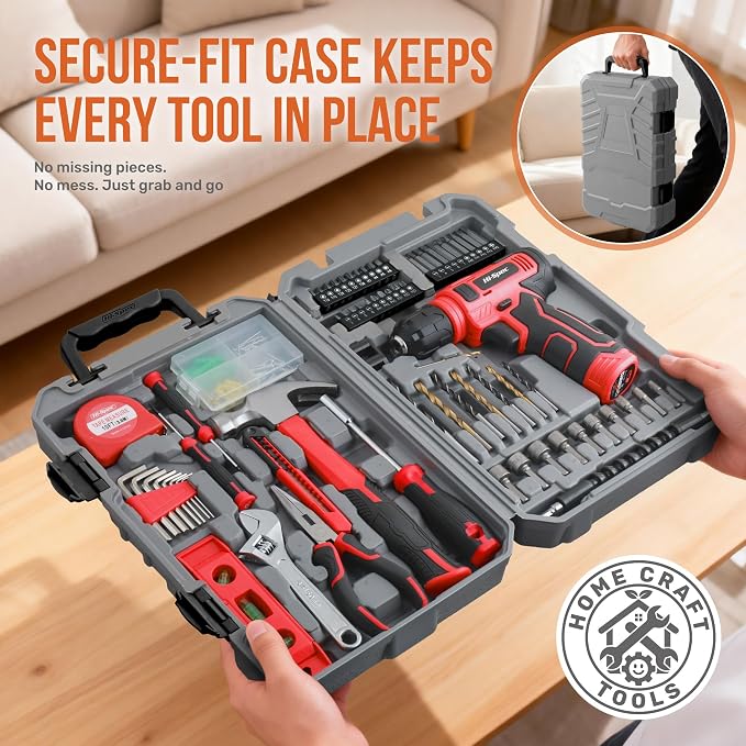 Hi-Spec Tool Set with 8V Cordless Drill Set. Complete DIY Tool Kit with USB Rechargeable Electric Drill Driver for Women and Men, Home Repair & Maintenance, in a Compact Toolbox.