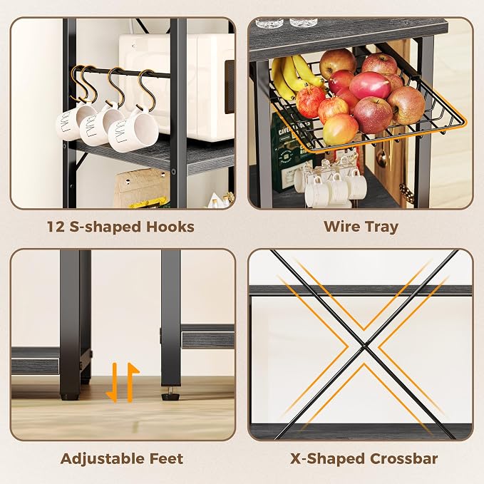 SUPERJARE Large Bakers Rack with Power Outlets, 6-Tier Microwave Stand, Coffee Bar with 12 S-Shaped Hooks, Kitchen Shelf with Wire Basket, 39.4 x 14.6 x 66.9 Inches, Charcoal Gray