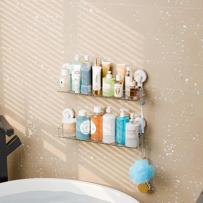 Clear 2 Pack Acrylic Shower Caddy Suction Cup,No Rust Bathroom Organizers and Storage Holder,Plastic Wall Mounted Shower Shelves,Bathtub Storage Organizer,Shampoo and Conditioner Holder for Washroom