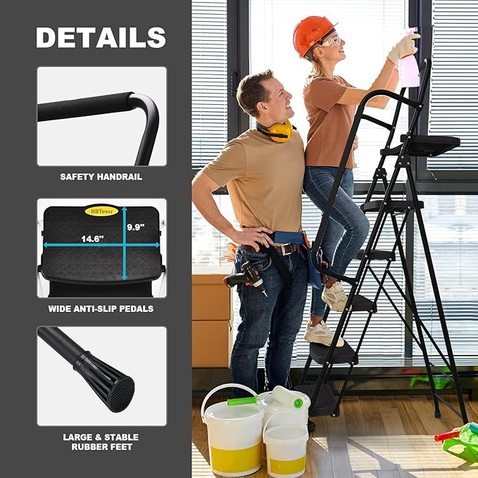 HBTower 5 Step Ladder, Folding Step Stool with Wide Anti-Slip Pedal, Tool Tray & Handrails, 330lbs Capacity for Home and Kitchen, Black