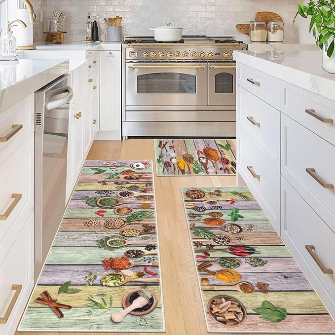 Vaukki Boho Kitchen Rug Sets 3 Pieces, Washable Kitchen Mats for Floor, Non Slip Soft Kitchen Area Rug Floor Mat for Kitchen, Laundry Room and Hallway (Spice-Colorful, 20''x32''+20''x47''+20''x59'')