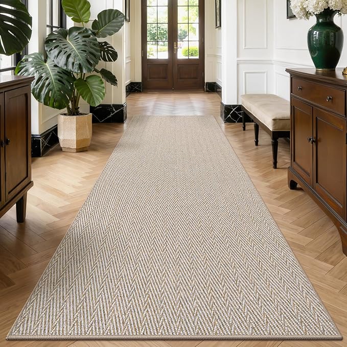 LUMI Ultra Thin Runner Rug for Hallway 2.7'x12', Non-Slip Entryway Rug with Rubber Backing, Unique Herringbone Design for Hallway, Entry, Kitchen, Patio, Beige