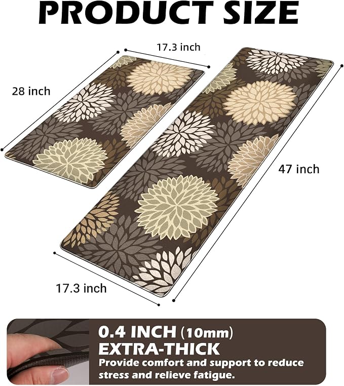 Kitchen Mats Set of 2 Cushioned Anti Fatigue Kitchen Rugs Non Slip Waterproof Kitchen Runner Memory Foam Floor Mat Comfort Standing Mat for Sink,Office,Laundry, Dark Brown