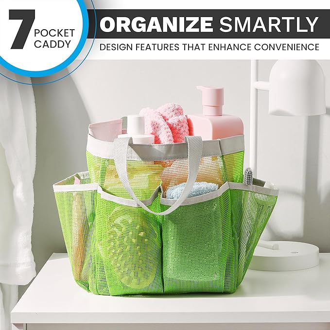 Handy Laundry Mesh Shower Caddy – 7 Pocket Portable Shower Caddy for Dorm, Gym, Travel & Bathroom – Quick-Dry Collapsible Organizer Tote Bag for College Essentials, Toiletries & Small Items (Green)