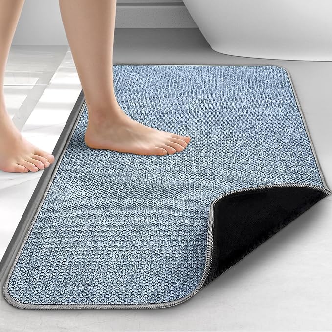 Upgraded Bath Mat 24x48Inch, Thin Bath Mats Rugs with Rubber Backing Non-Slip, Absorbent,Quick Dry Machine Washable, Home Decor Accessories Cozy Cloth Bathroom Rugs fit Under Door/Sink/Tub/Shower-Blue