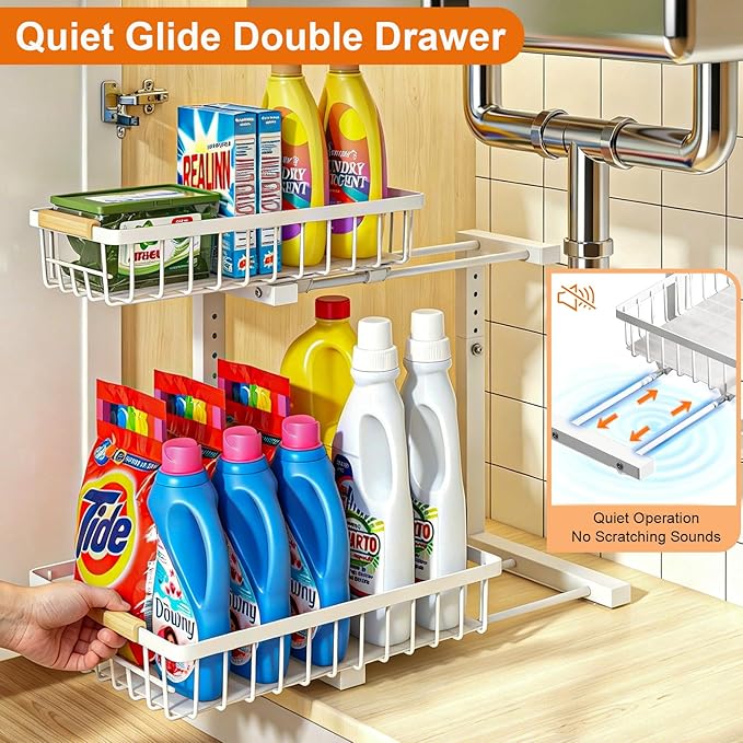 REALINN Under Sink Organizer, Height Adjustable Under Sink Organizers and Storage, 2 Tier Pull Out Drawer Cabinet Storage for Kitchen Bathroom, 1 Pack, White