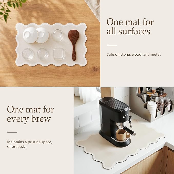 Scalloped Dish Drying Mat for Kitchen Counter, Absorbent Easy Clean Non-slip Coffee Bar Station Accessories, Trendy Cute Aesthetic Modern Drainer Kitchen Drying Mat, Beige 15" x 24"