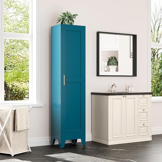Tall Narrow Kitchen Pantry Cabinet for Small Space, 67" Metal Slim Pantry with Single Door and 4 Adjustable Shelves, Freestanding Skinny Storage Metal Broom Closet for Bathroom, Living Room, Laundry