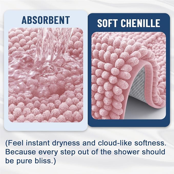 Grandaily Chenille Striped Bathroom Rugs 36x24, Extra Thick and Soft Absorbent Bath Mats, Rubber Backing, Plush Shaggy Shower Carpet, Machine Wash Dry, Bath Rug for Bathroom, Dusty Rose