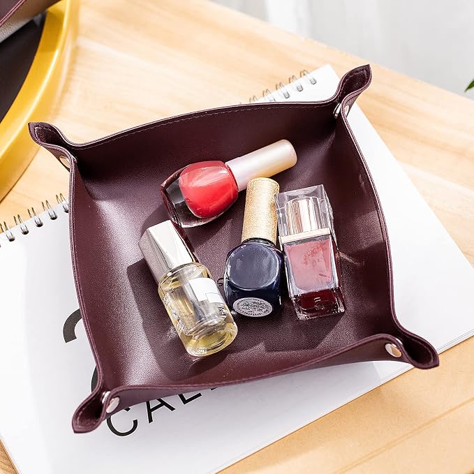 Leather Jewelry Valet Tray for Women and Man, Portable Entryway Table Tray Bedside Nightstand Desk Tray Small Catchall Travel Dish Plate for Key,Wallet,Watch,Coin(8x8, Deep Brown-B)
