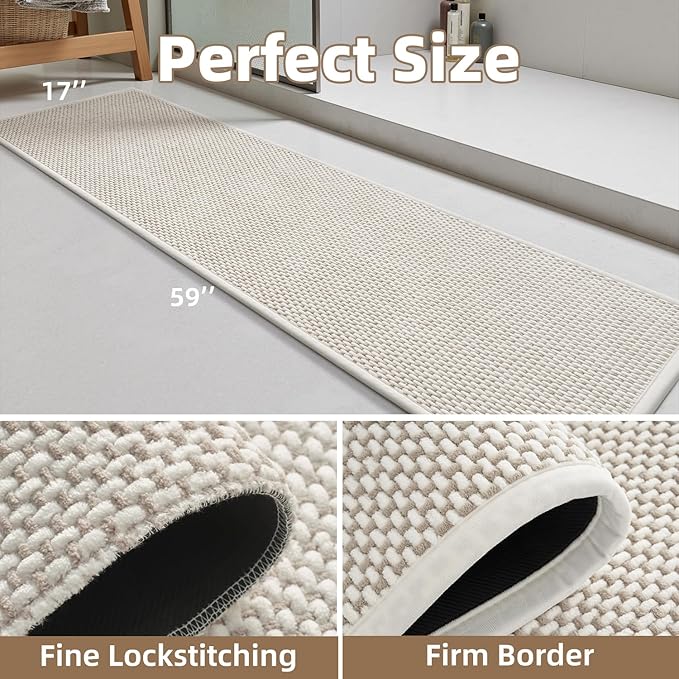 PADOOR-Bath Mat Runner-Super Absorbent Chenille Bathroom Mats-Rubber Backed Bath Mats for Bathroom Non Slip, Easy Clean Bathroom Runner Rugs Front of Bathtub,Shower Room,Sink-17×59, Beige&Cream