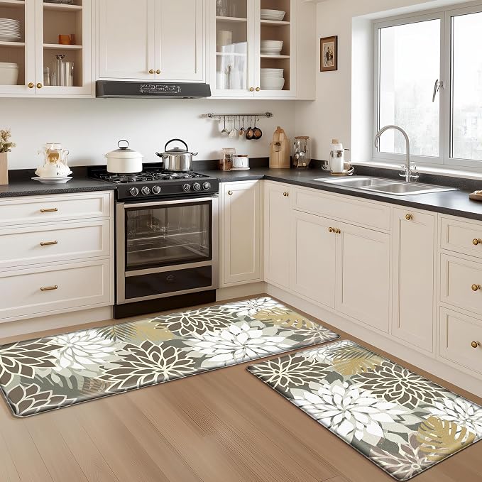 Arenarug Kitchen Mats for Floor 2PCS Cushioned Anti Fatigue Waterproof Non Slip Kitchen Mat Rug Set Comfort Foam Standing Mat for Sink, Laundry, Office,17.3" x 28" + 17.3" x 59", Brown White