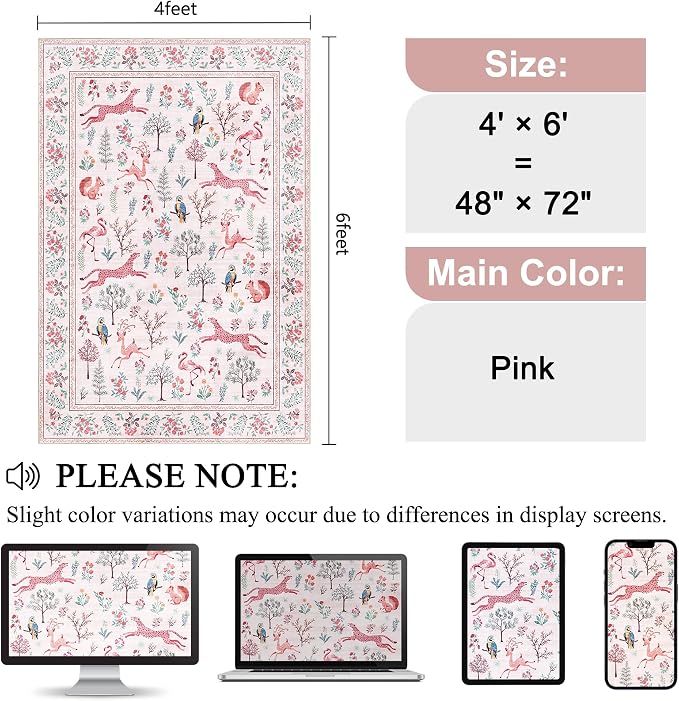 DUKINO 4x6 Rug, Washable Animal Area Rug with Non Slip Vintage Design, Indoor Soft Low Pile Carpet for Bedroom, Nursery, Dining Room, Farmhouse, Playroom, Pink
