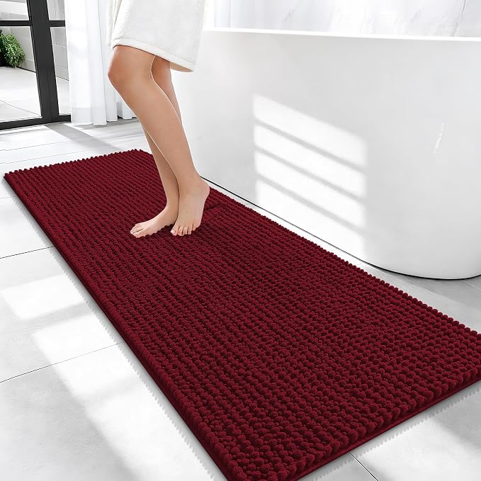 OLANLY Thick Bathroom Runner Rugs 47x20, Extra Soft Absorbent Chenille Bath Rugs, Rubber Backing, Machine Wash Dry, Long Bath Mats for Bathroom Floor, Tub and Shower, Home Decor Accessories, Burgundy