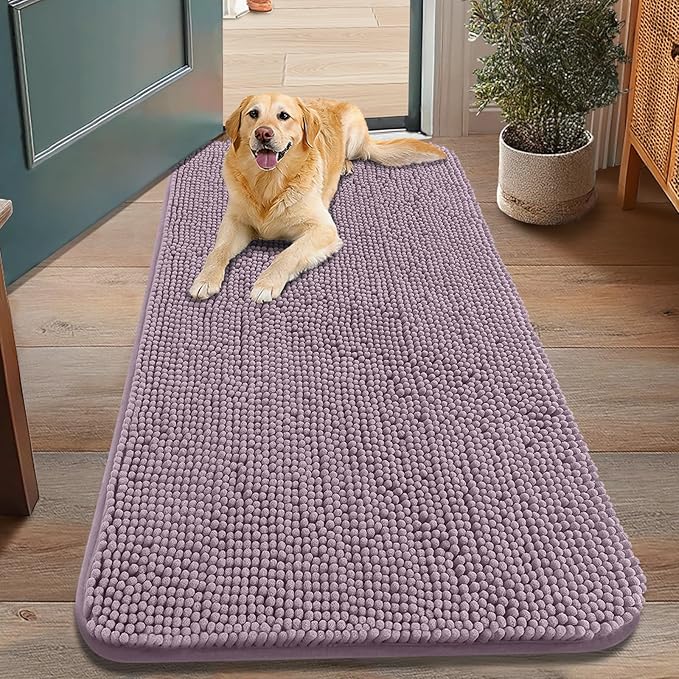 Smiry Dog Door Mat for Muddy Paws 48x30, Absorbent Dirt Trapper, Non-Slip Washable Chenille Entryway Rug for Inside Floor, Deep Plum, Classic Solid