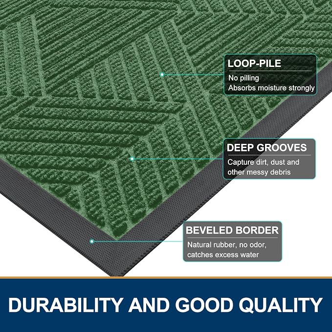 Smiry Front Door Mat Outside Entrance, Heavy Duty Sturdy Natural Rubber Doormat, Trap Dirt and Moisture, Easy Clean Low Profile Welcome Floor Mats for Indoor Outdoor Entry, 59x23 Inch, Green