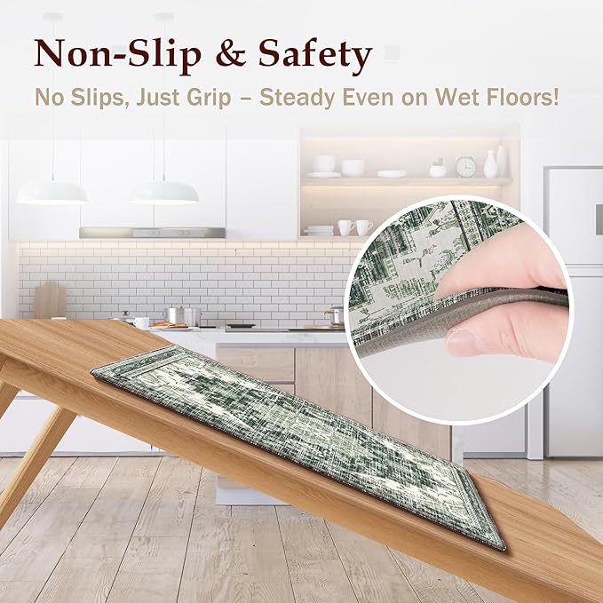 Boho Kitchen Mats for Floor 2 Piece Set Anti Fatigue Cushioned PVC Kitchen Rugs Non Slip Waterproof Farmhouse Mats 2/5 Inch Comfort Standing Mat for Sink, Laundry, Office, 17.3"x47"+17.3"x28", Green