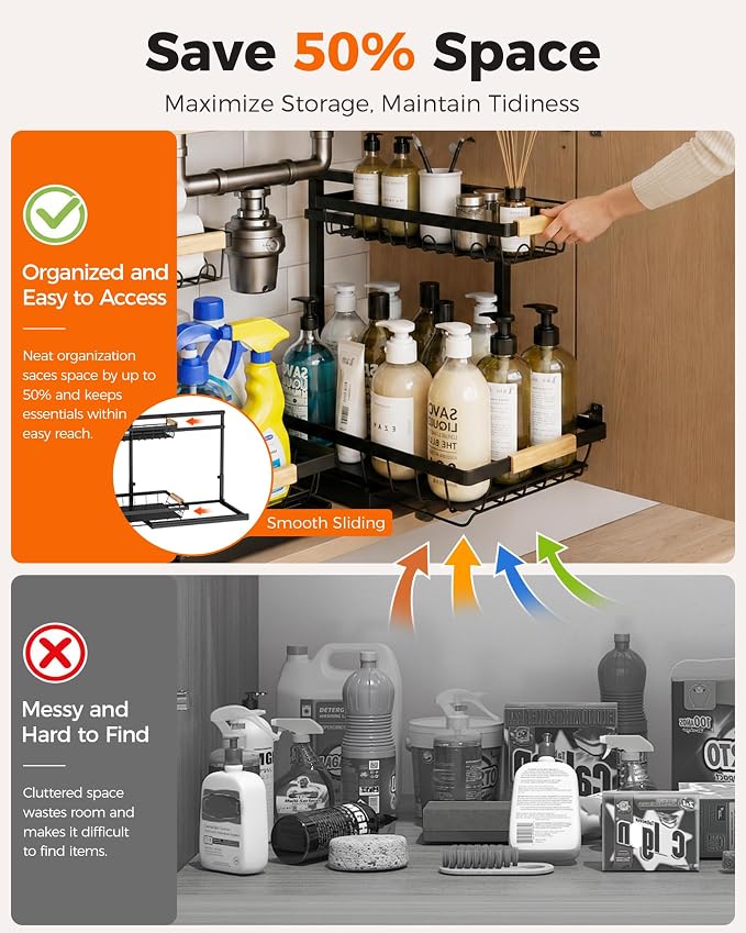 Sevenblue 2 Packs Under Sink Organizer, Height Adjustable 2 Tier Under Kitchen Sink Organizer, Multi-Purpose Storage Shelf for Kitchen Bathroom Cabinet (Black, Large)