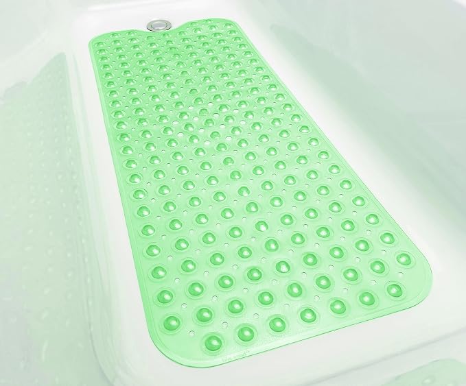 Extra-Long Non-Slip Bathtub & Shower Mat 39”x16” (Smooth/Non-Textured Tubs Only) Safe, Clean, Machine-Washable, Superior Grip&Drainage, Vinyl, Transparent Light Green