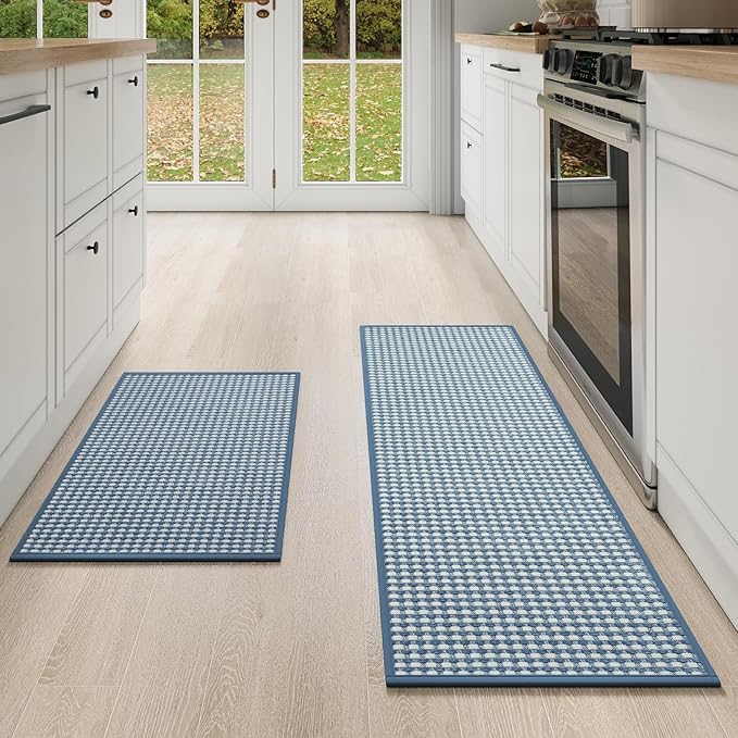 YDKGL Kitchen Mat Kitchen Rugs Sets of 2 PCS Non Slip Washable, Super Absorbent Soft Braided Kitchen Mats for Floor, Rubber Backing Comfort Standing Kitchen Sink Mat Runner Rug, Blue 17"x30"+17"x47"