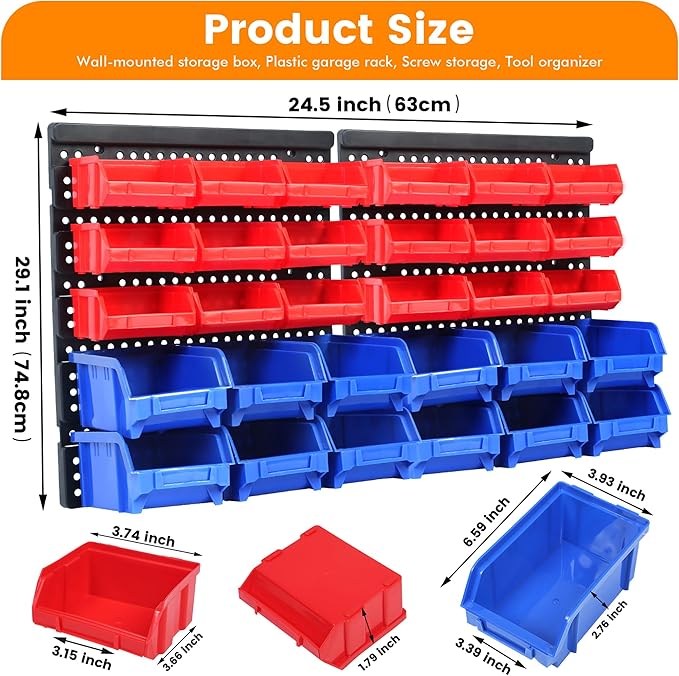 MaxWorks Wall Mount Storage Rack 30 Bin Heavy‑Duty Organizer for Nuts Bolts Screws Nails Beads Buttons and Small Parts for Garage Home and Workshop Blue and Red Bins (80694)