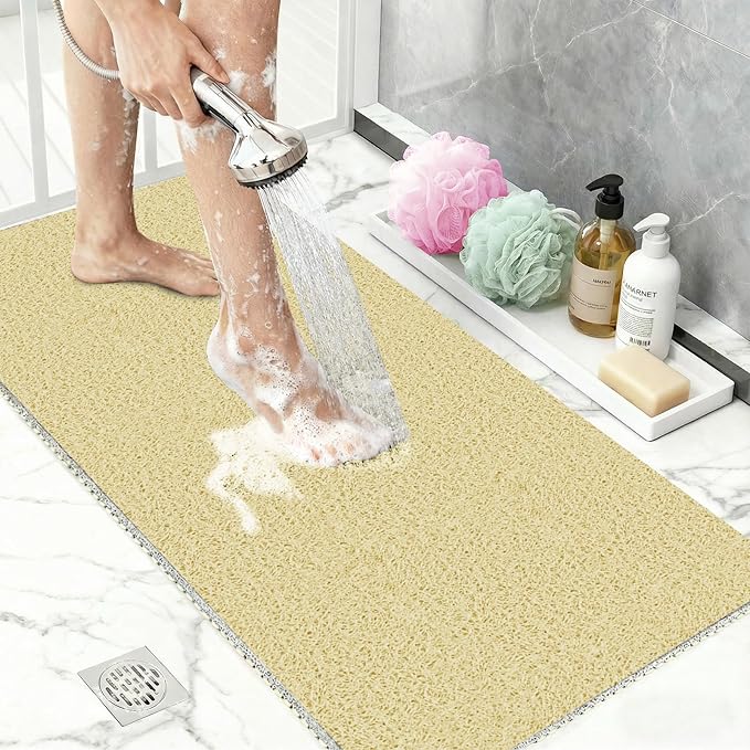Square Loofah Shower Stall Mat 24"x24", Quick Drying Shower Mats with Drain, PVC Loofah Bath Mat for Wet Room & Bathroom Floor, Soft Textured & Elderly Safe, Washable & Resistant, Beige