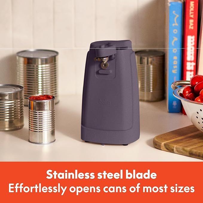 bella Electric Can Opener and Knife Sharpener, Removable Cutting Lever, Cord Storage, Stainless Steel Blade, Plum