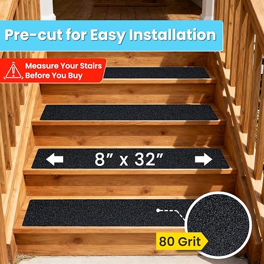 LifeGrip Anti Slip Traction Treads (15-Pack), 8 inch X 32 inch, Best Grip Tape Grit Non Slip, Outdoor Non Skid Tape, High Traction Abrasive Adhesive for Stairs Step, Black