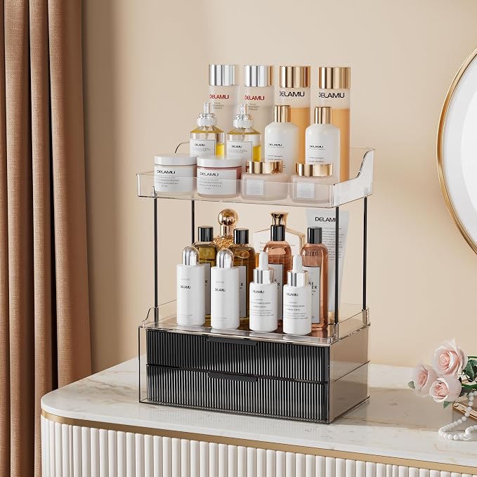 Delamu Bathroom Organizers and Storage, 2 Tier 2 Drawer Makeup Organizer Countertop, Easy to Install, Ideal for Bathroom Counter, Vanity, Large Skincare, Perfume, Present, Desk and More, Black