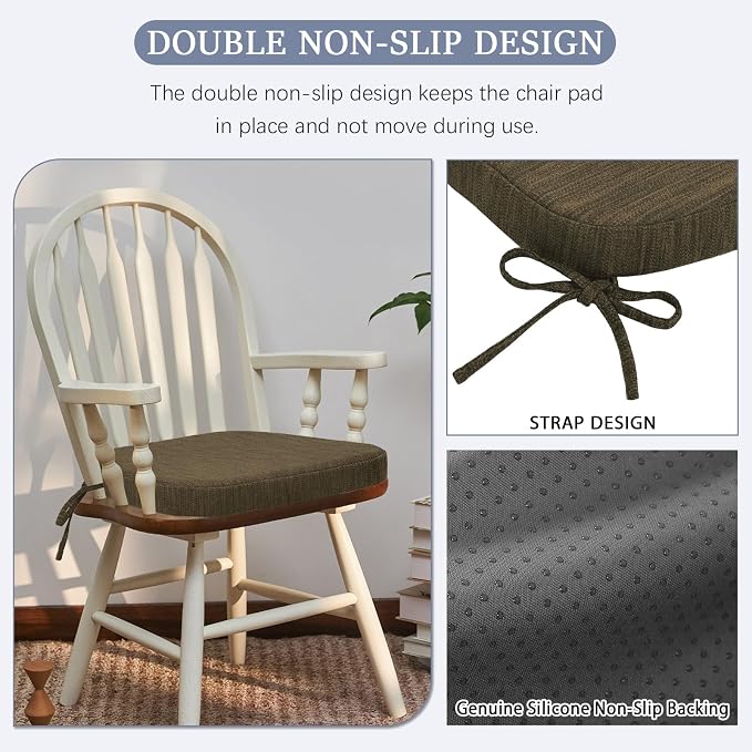 baibu Kitchen Chair Cushions, Dual-Layer Patented Design Molded Memory Foam Dining Chair Pads with Ties and Washable Cover, 17" x 16" x 2", Brown