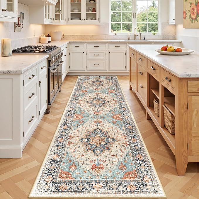 RELEANY Area Rugs Runner 3'x9' Washable Non-Slip, Floral Vintage Distress Medallion Carpet for Kitchen Hallway Bedroom Beside Laundry Room Bathroom, Beige Navy Blue Orange Colorful