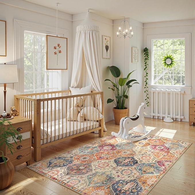 Lahome Moroccan Trellis Washable Small Area Rug, 3x5 Area Rug for Bedroom Living Room, Non-Slip Oriental Accent Throw Carpet for Kitchen Office Entryway Bathroom Office Elise, Cream/Multi